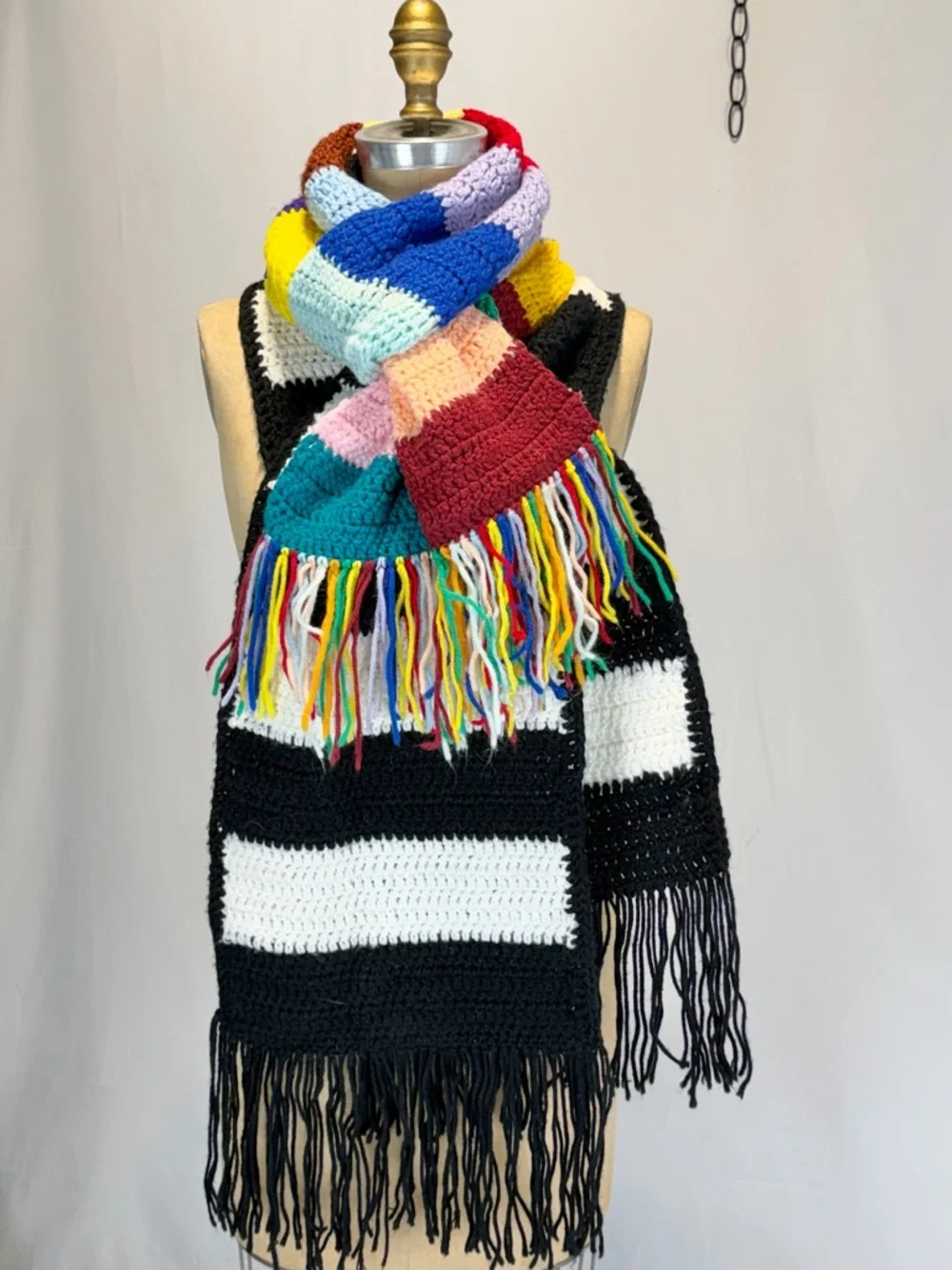Crochet‎ scarf set long fringe rainbow multicolor black white stripe bold funky